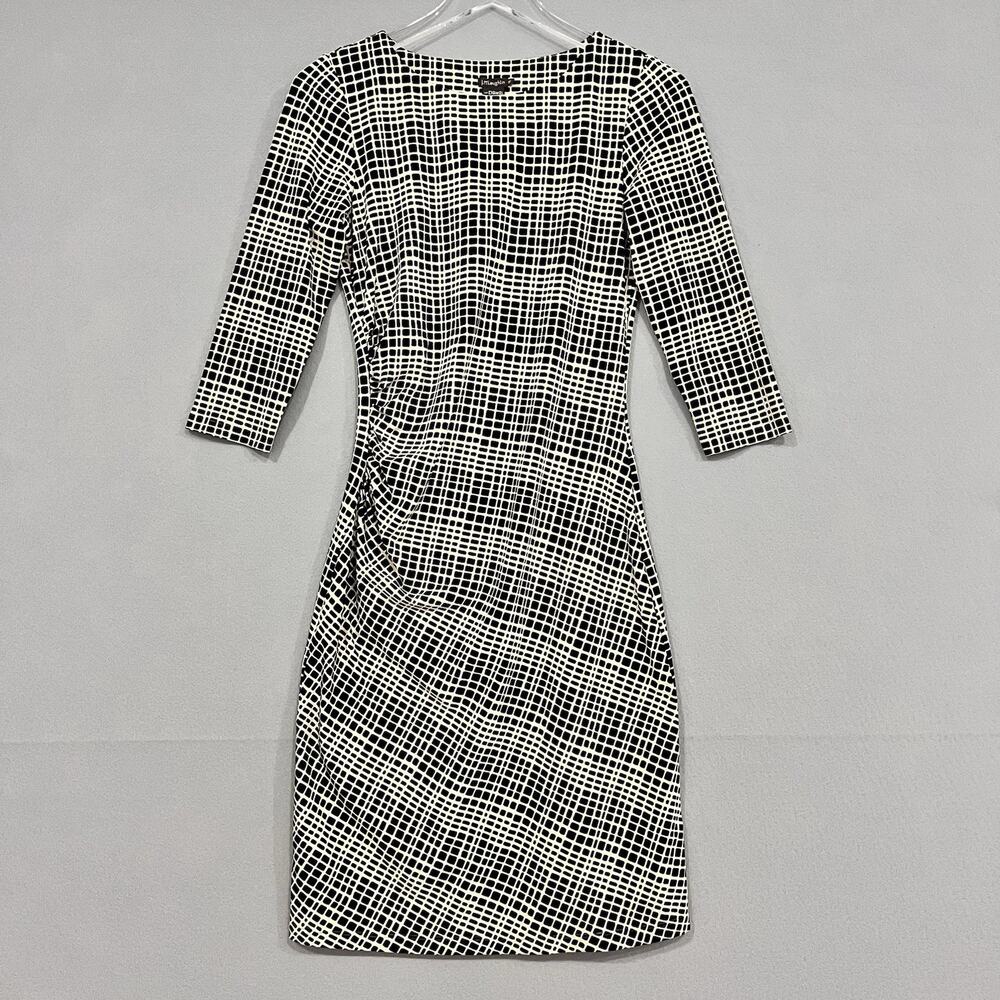 J.McLaughlin Dress XS Beige Printed Ruched Side Catalina Cloth 3/4 Sleeve